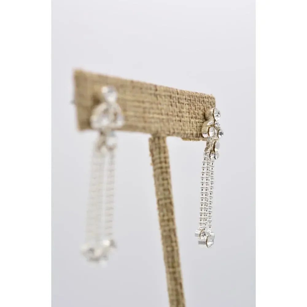 Y2K Vintage Crystal Dangle Earrings Chandelier Silver Tone Rhinestone Chain 9L